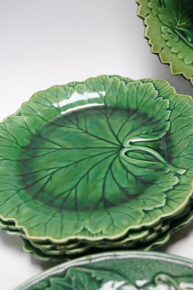 A group of Wedgwood, George Jones greenware majolica dessert plates, largest 25cm. Condition - varies, some chips and cracks